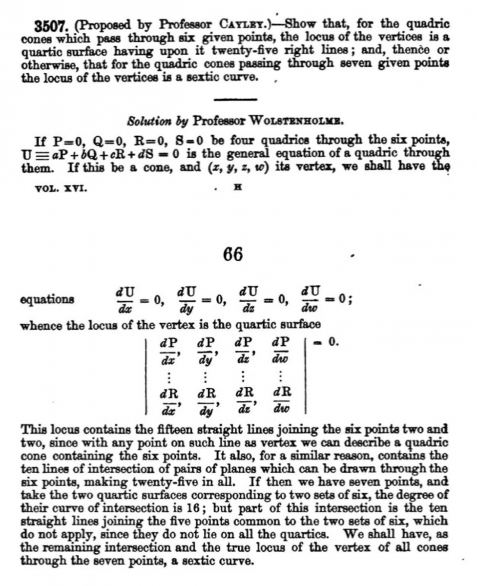 Problem proposed by Arthur Cayley and solved by Joseph Wolsteholme.