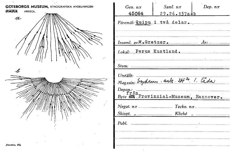 Accession card for a “khipu in two parts” in the Museum of World Culture, Gothenburg. 