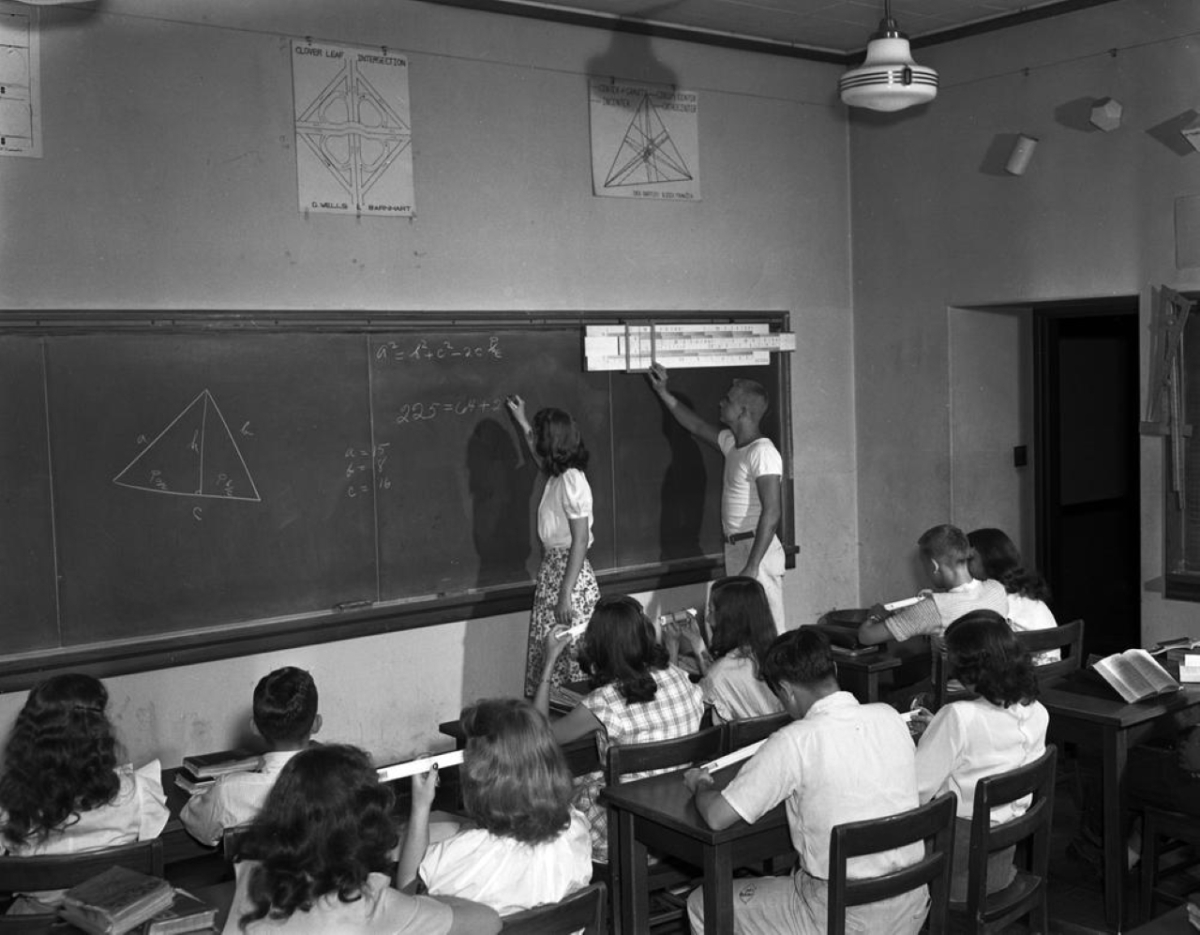 Demonstration slide rule mounted on a blackboard in a classroom at the lab school at Indiana University, May 1947.