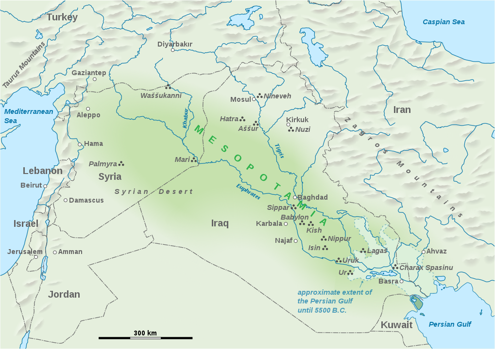 Figure 1. Key sites of ancient Mesopotamia superimposed on a modern map. <br />Map created by Wikigraphist Goran tek-en, 28 January 2014, and licensed under the Creative Commons Attribution-Share Alike 4.0 International license.