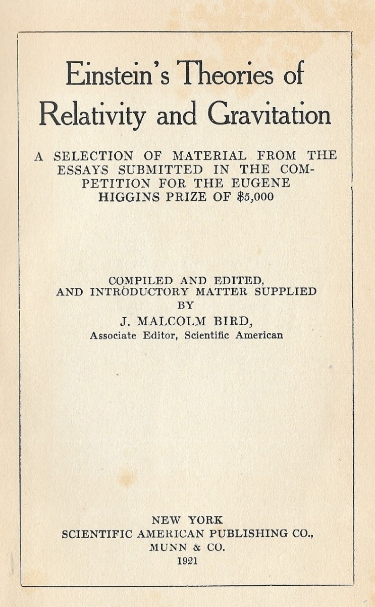 Title page of Eintein's Theories of Relativity and Gravitation (1921).