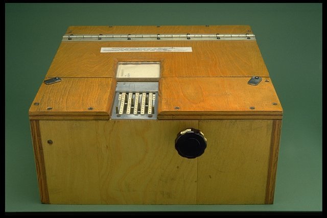 Early B. F. Skinner teaching machine, designed for teaching arithmetic, 1954.