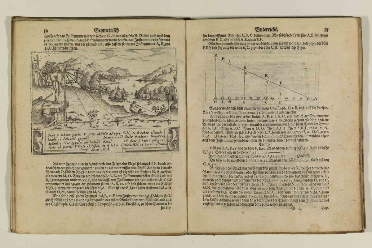 Pages 12-13 from Levinus Hulsius's 1594 Theoria Et Praxis Quadrantis Geometrici.