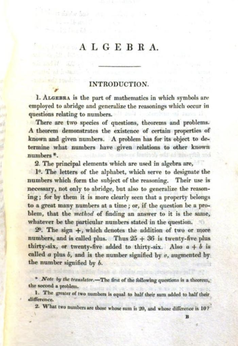 Introduction page from De Morgan's 1828 translation of Bourdon's Algebra.