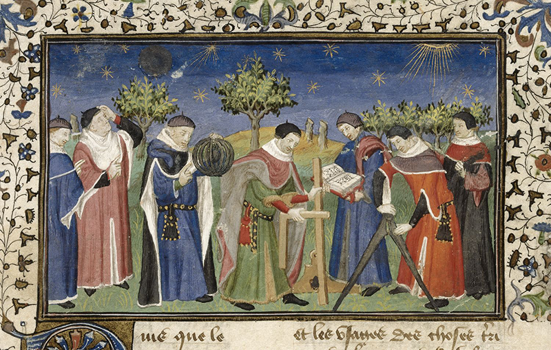 15th century manuscript illustration of clerks using an armillary sphere, a set square and a divider.