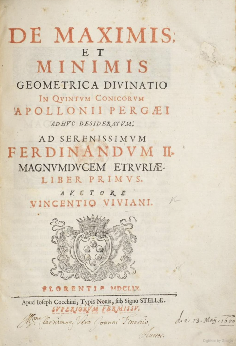Title page of Viviani's 1659 De Maximis et Minimis.