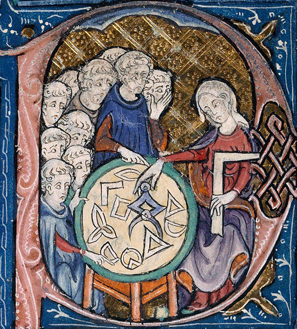 A woman, the Muse of Geometry, instructs a group of stonemasons. 