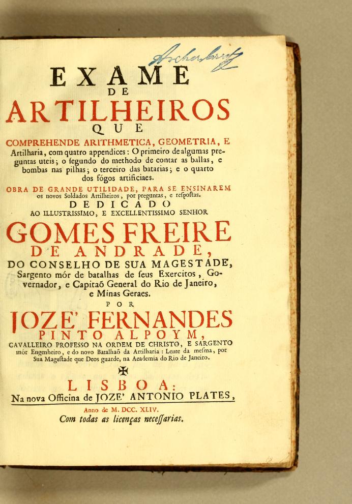 Title page of José Fernandes Pinto Alpoim's 1744 Exame de Artilheiros.