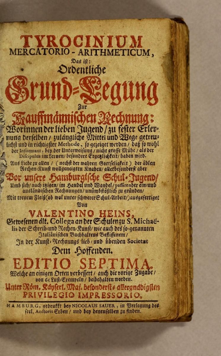 Title page from a 1726 edition of Valentin Heins's Tyrocinium mercatorio-arithmeticum.