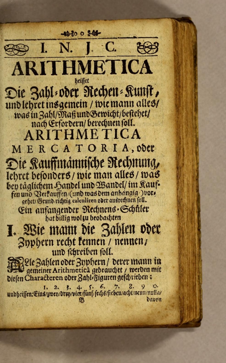 Early page from a 1726 edition of Valentin Heins's Tyrocinium mercatorio-arithmeticum.