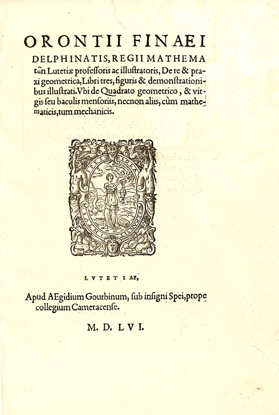 Title page from De re et praxi geometrica by Oronce Fine, 1556
