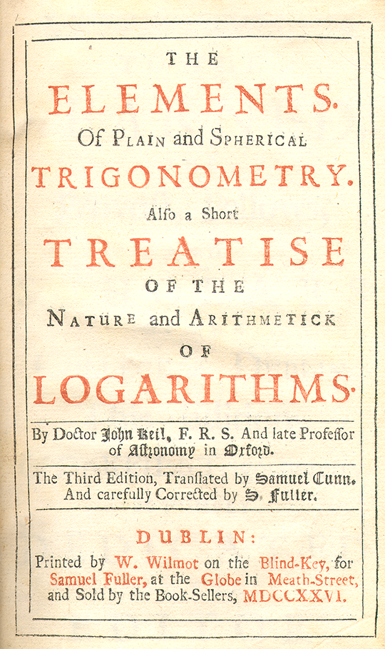 Title page of Elements of Plain and Spherical Trigonometry... by John Keill, 1726