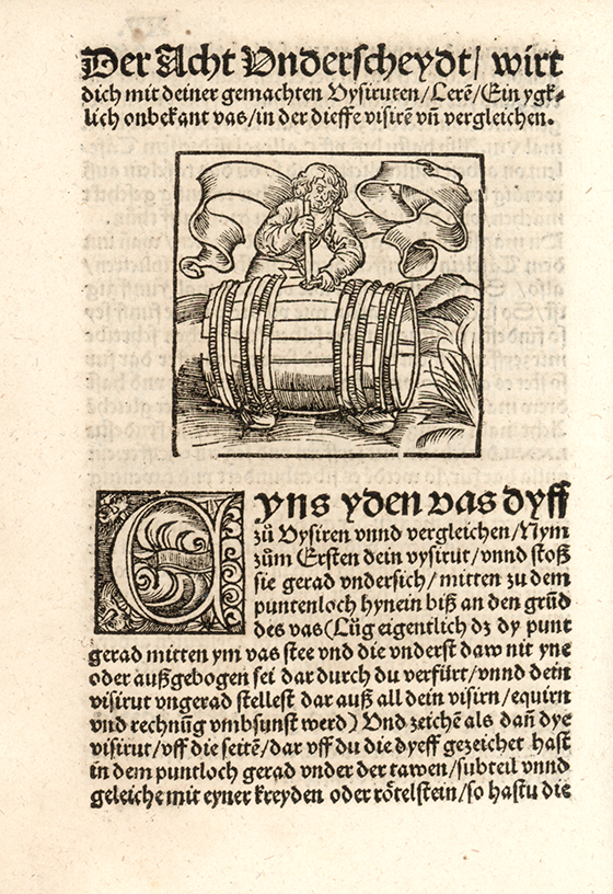 First image of barrel measurement from Eyn new geordnet vysirbuch by Jacob Köbel, 1515