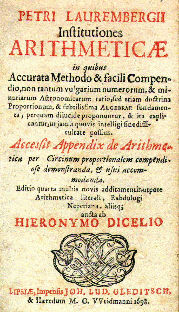 Title page of Institutiones Arithmeticae by Peter Lauremberg, 1698