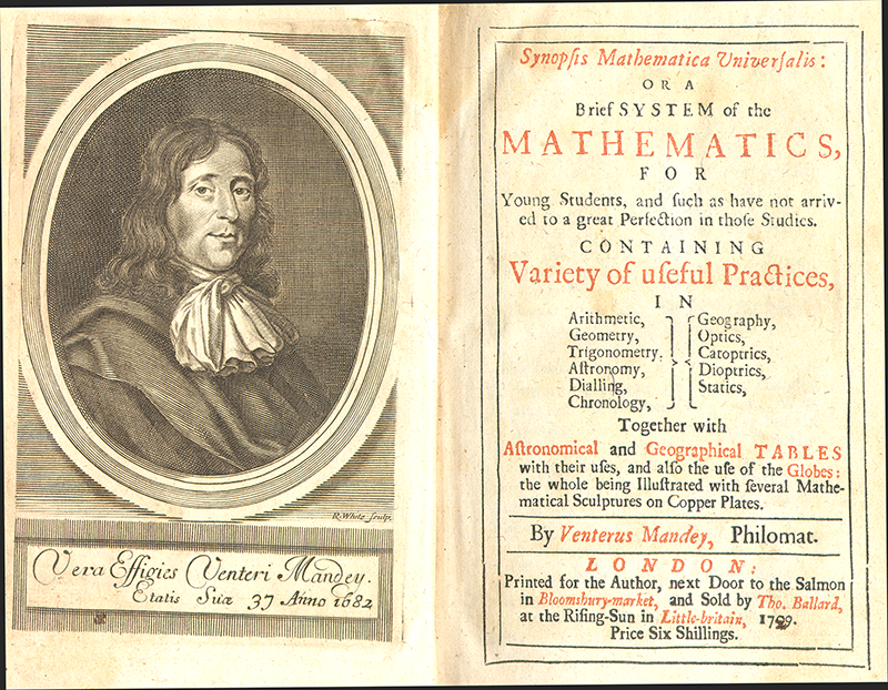 Title page and frontispiece from Synopsis Mathematica Universalis by Venterus Mandey, 1729