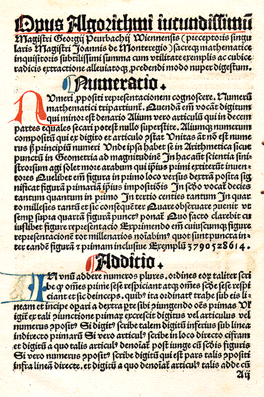 First page of Opus algorithimi by Georg von Peurbach, 1503