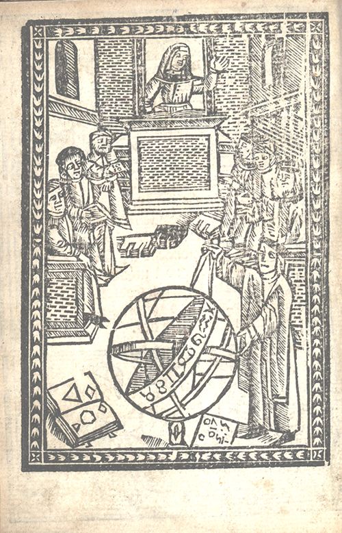 Wood block print showing measurement on sphere from Libro d'abaco by Giovanni and Girolamo Tagliente, 1535
