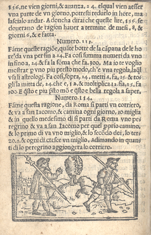 "Two couriers to Rome" problem and illustration from Libro d'abaco by Giovanni and Girolamo Tagliente, 1535