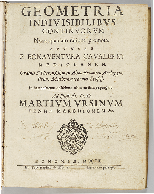 Title page from Bonaventura Cavalieri's 1653 Geometria indivisibilibus continuorum.