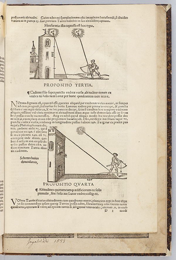 Illustrations of measurements involving shadows from Quadrans Apiani astronomicus by Peter Apian, 1532