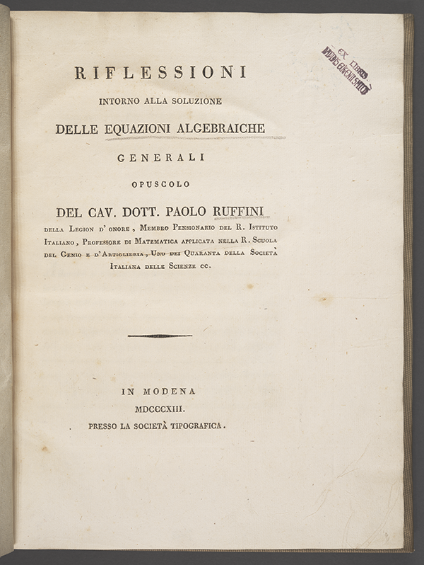 Title page of Ruffini Riflessioni intorno alla soluzione delle equazioni algebraiche
