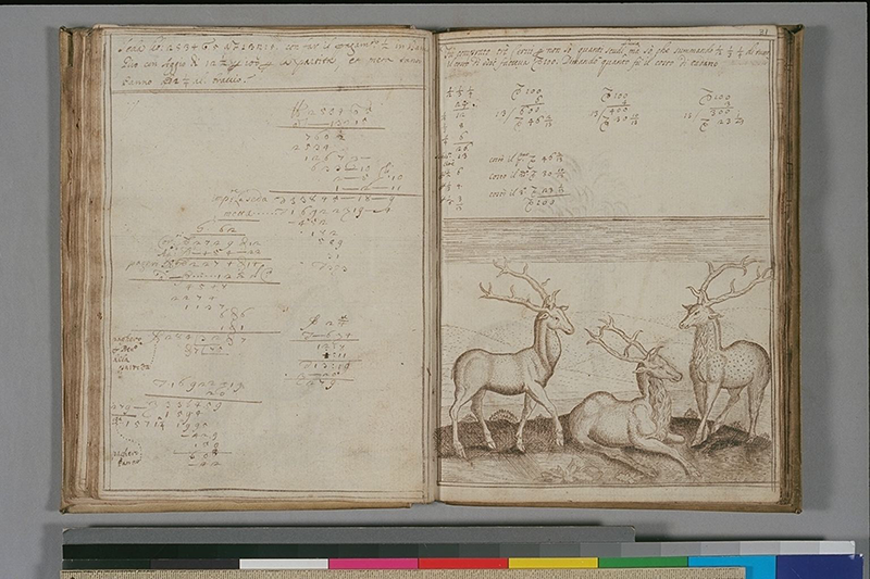 Computations and drawing of three stags from Libro diConti di Me by Antonio Venturini, 1686