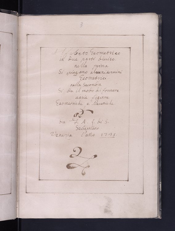 Title page for a 1735 handwritten glossary of geometry in Italian.