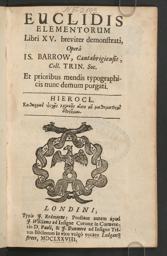 Title page of Euclidis Elementorum by Isaac Barrow, 1678