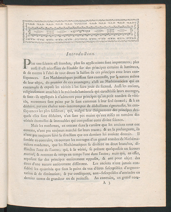 First page of introduction to Exposition élémentaire des principes des calculs supérieurs by Simon L'Huilier, 1786