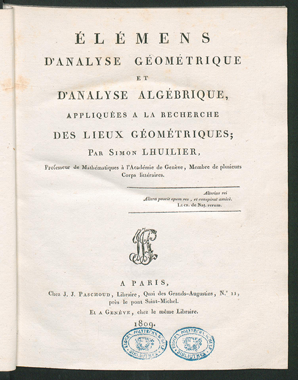 Title page of Élémens d’analyse géométrique et d’analyse algébrique by Simon L'Huilier, 1809