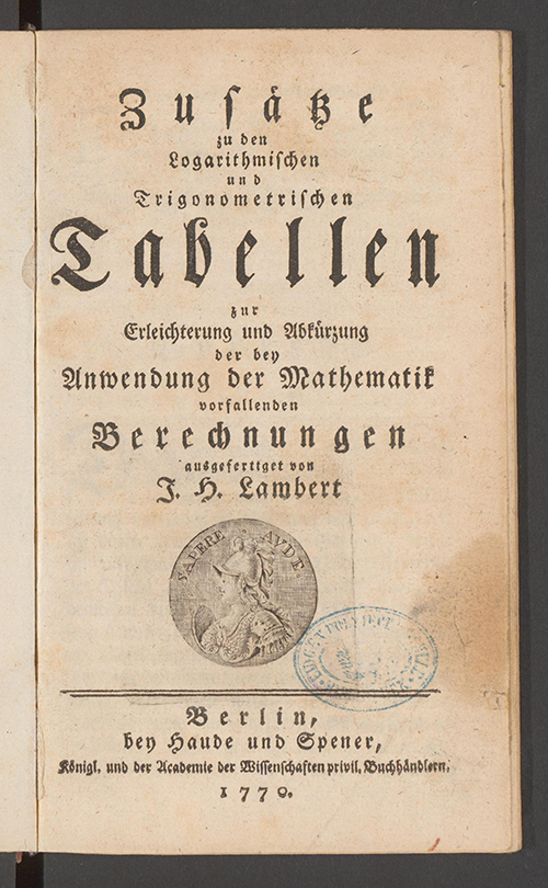 Title page of Additions to Logarithmic and Trigonometric Tables by Johann Lambert, 1770