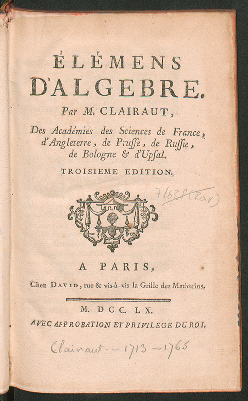 Title page of Élémens d’Algebre, third edition,  by Alexis Claude Clairaut, 1760