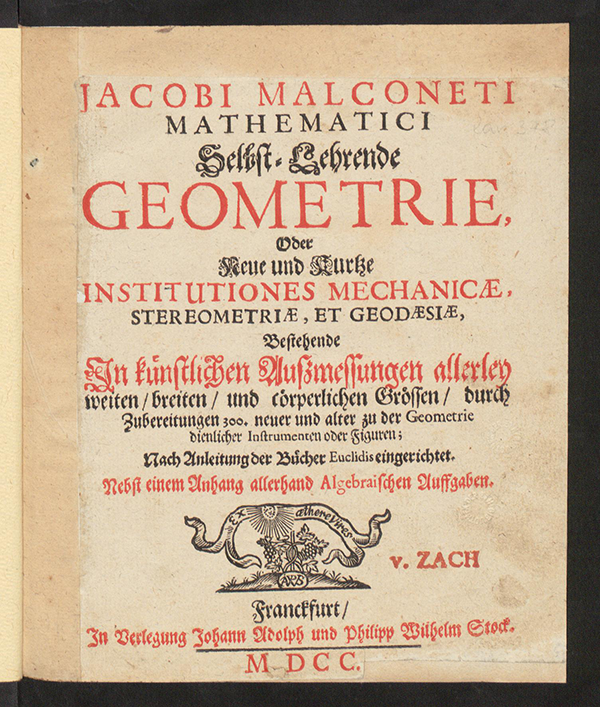 Title page of Selbst-Lehrende Geometrie by Jacob Malconet, 1700