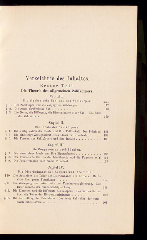 Page 1 of the table of contents to Part I of Die Theorie der algebraischen Zahlkörper by David Hilbert, 1897