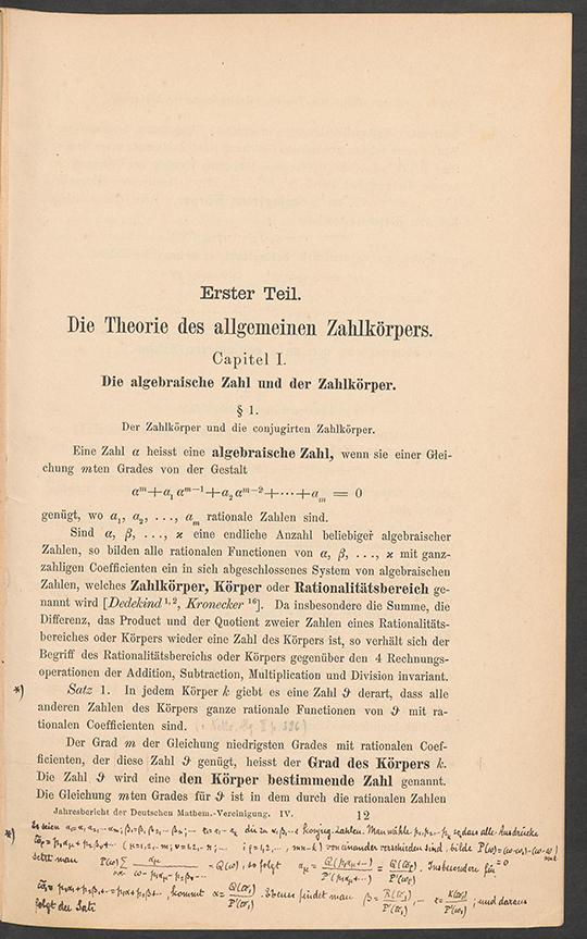 Page 1 of Chapter 1 of Die Theorie der algebraischen Zahlkörper by David Hilbert, 1897