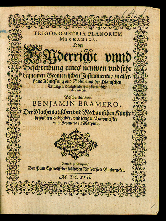 Title page of Trigonometria planorum mechanica by Benjamin Bramer, 1617