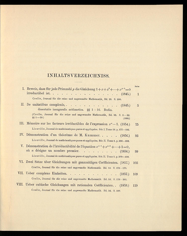 First page of table of contents for volume I of Leopold Kronecker's Werke, 1895