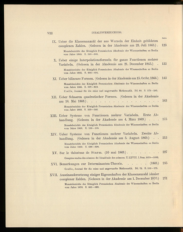 Second page of table of contents for volume I of Leopold Kronecker's Werke, 1895
