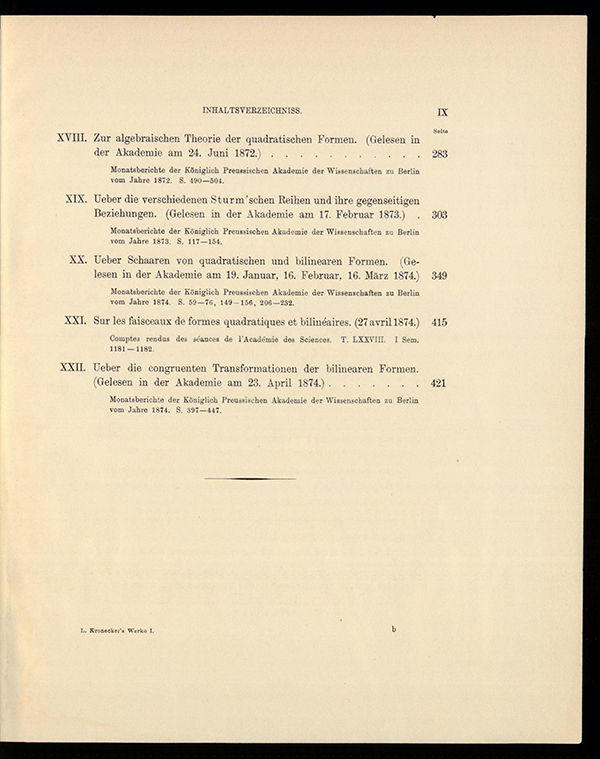 Third page of table of contents for volume I of Leopold Kronecker's Werke, 1895