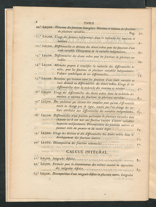 Second page of table of contents for Résumé des Leçons sur le Calcul Infinitesimal by Augustin-Louis Cauchy, 1823