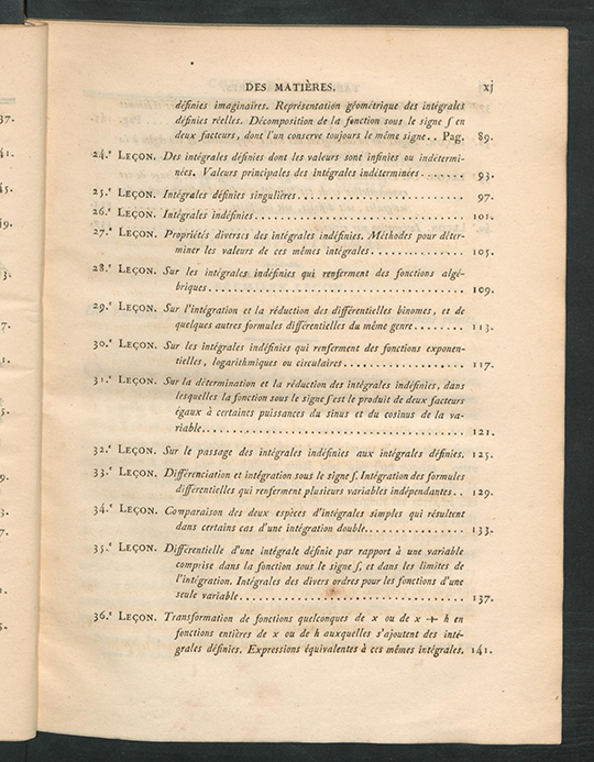 Third page of table of contents for Résumé des Leçons sur le Calcul Infinitesimal by Augustin-Louis Cauchy, 1823