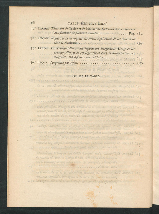 Fourth page of table of contents for Résumé des Leçons sur le Calcul Infinitesimal by Augustin-Louis Cauchy, 1823