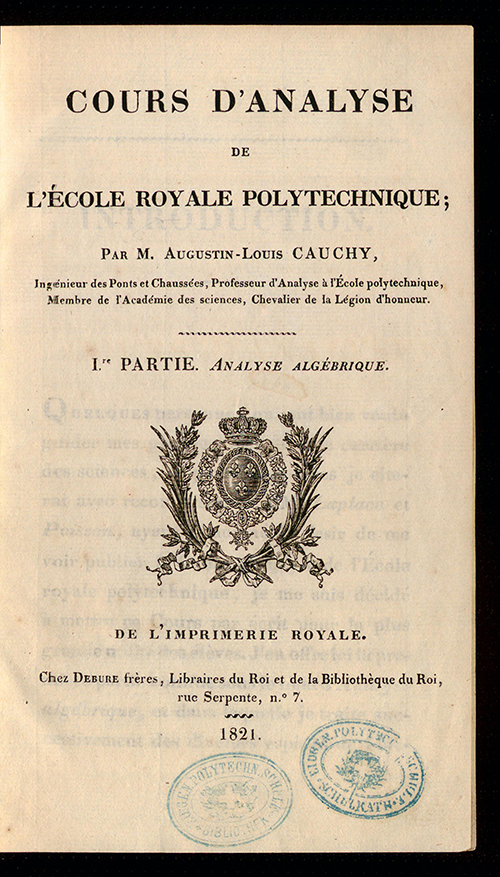 Title page of Cours D'Analyse by Augustin-Louis Cauchy, 1821