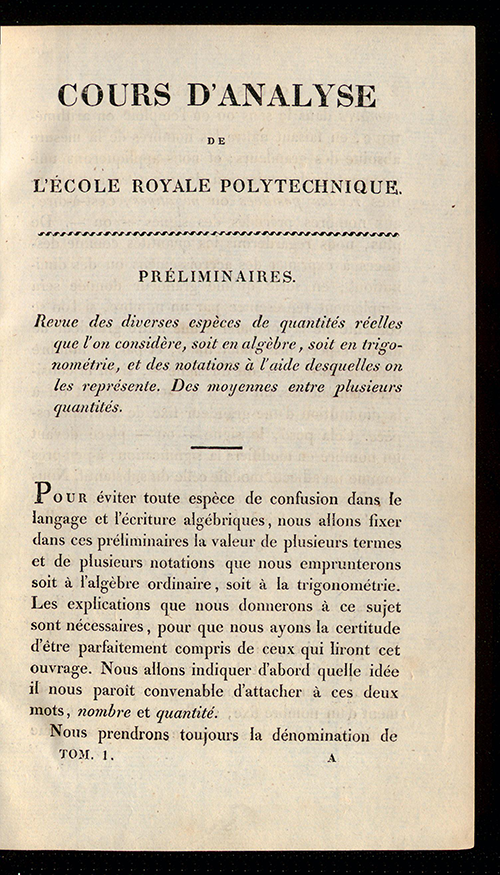 Introductory text from Cours D'Analyse by Augustin-Louis Cauchy, 1821