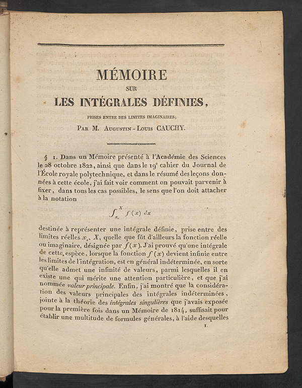 First page of Mémorie sur les Intégrales Définies by Augustin-Louis Cauchy, 1825