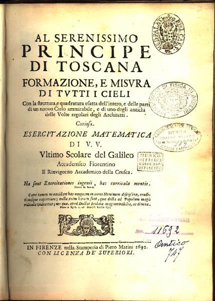 Title page of Viviani's 1692 Formazione, e misura di tutti i cieli.