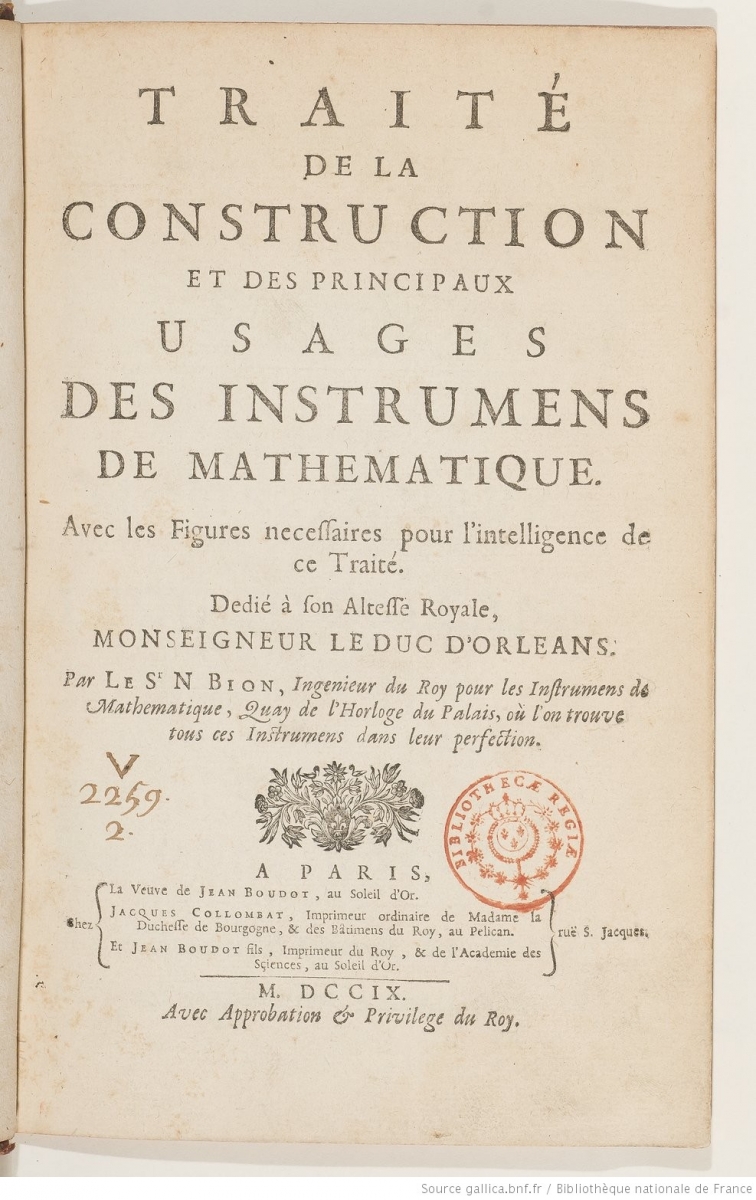 Title page from Bion's 1709 Traité de la construction et des principaux usages des instrumens de mathematique.