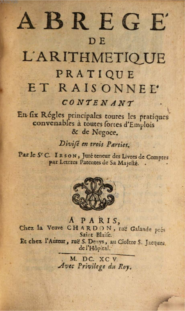 Title page of Claude Irson's 1695 Abrégé de l'arithmétique pratique et raisonnée.