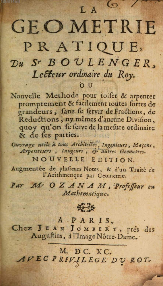 Title page for 1690 revision of Jean Boulenger’s La Geometrie pratique (1634).