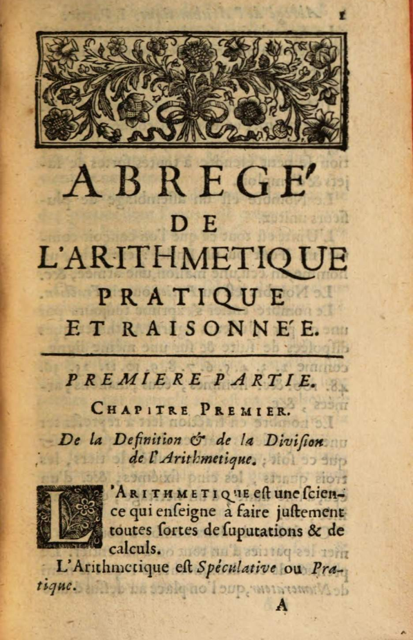 Page 1 from Claude Irson's 1695 Abrégé de l'arithmétique pratique et raisonnée.